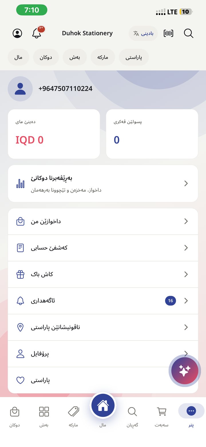 شاشة الحساب: الرصيد والوصولات وكشف الحساب
